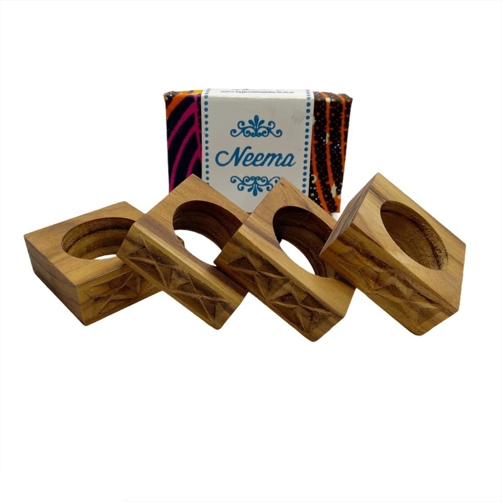 Neema Crafts Hand Carved Wooden Square Napkin Rings Gift Box